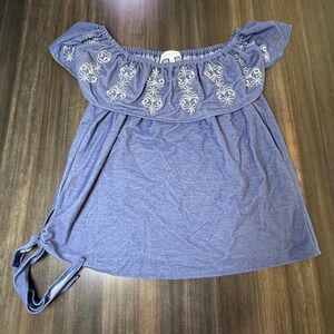 Eden‎ & Olivia Off Shoulder Top Embroidered Tie Blue Chambray Large